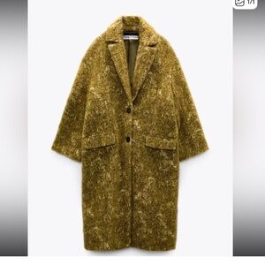Zara Olive Green Jacquard Wool Coat Jacket